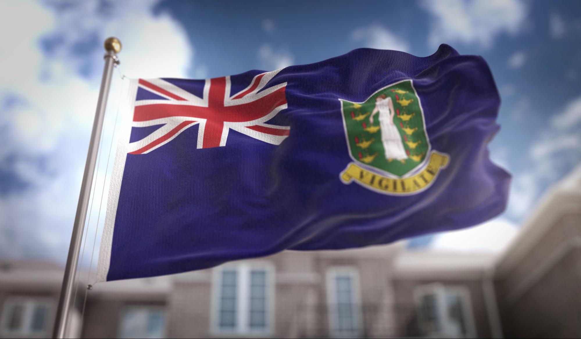 British Virgin Islands Flag 3D Rendering on Blue Sky Building Background